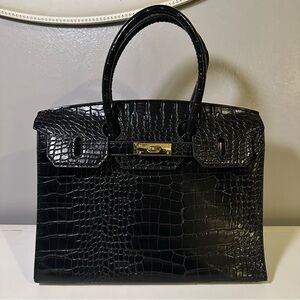Black Croc Embossement Leather Handbags Metal Lock Satchel Bag